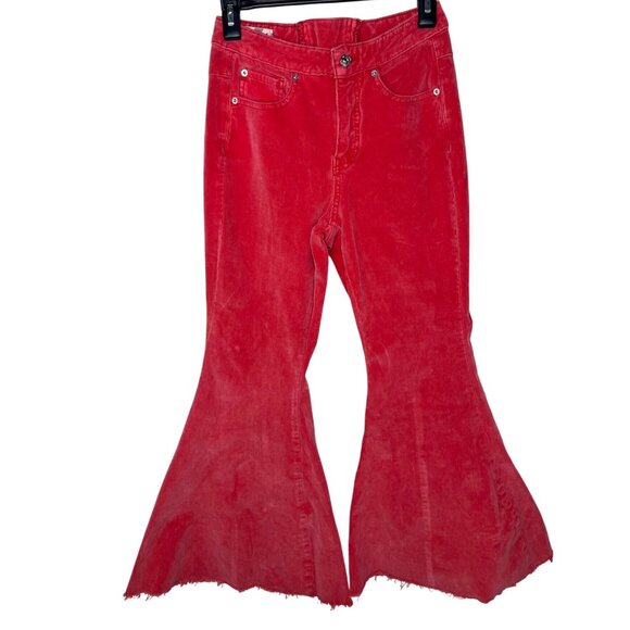 We The Free Twenty-Seven Red Corduroy Wide Flare Pants Lace-Up Back Frayed Hem - Picture 2 of 14